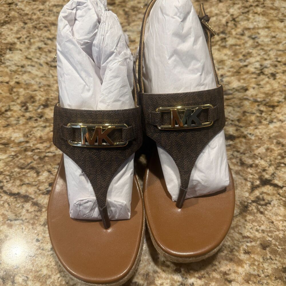 Michael Kors Brown Logo Kendrick Espadrille Platform Wedge Sandals Size 9.5 NIB